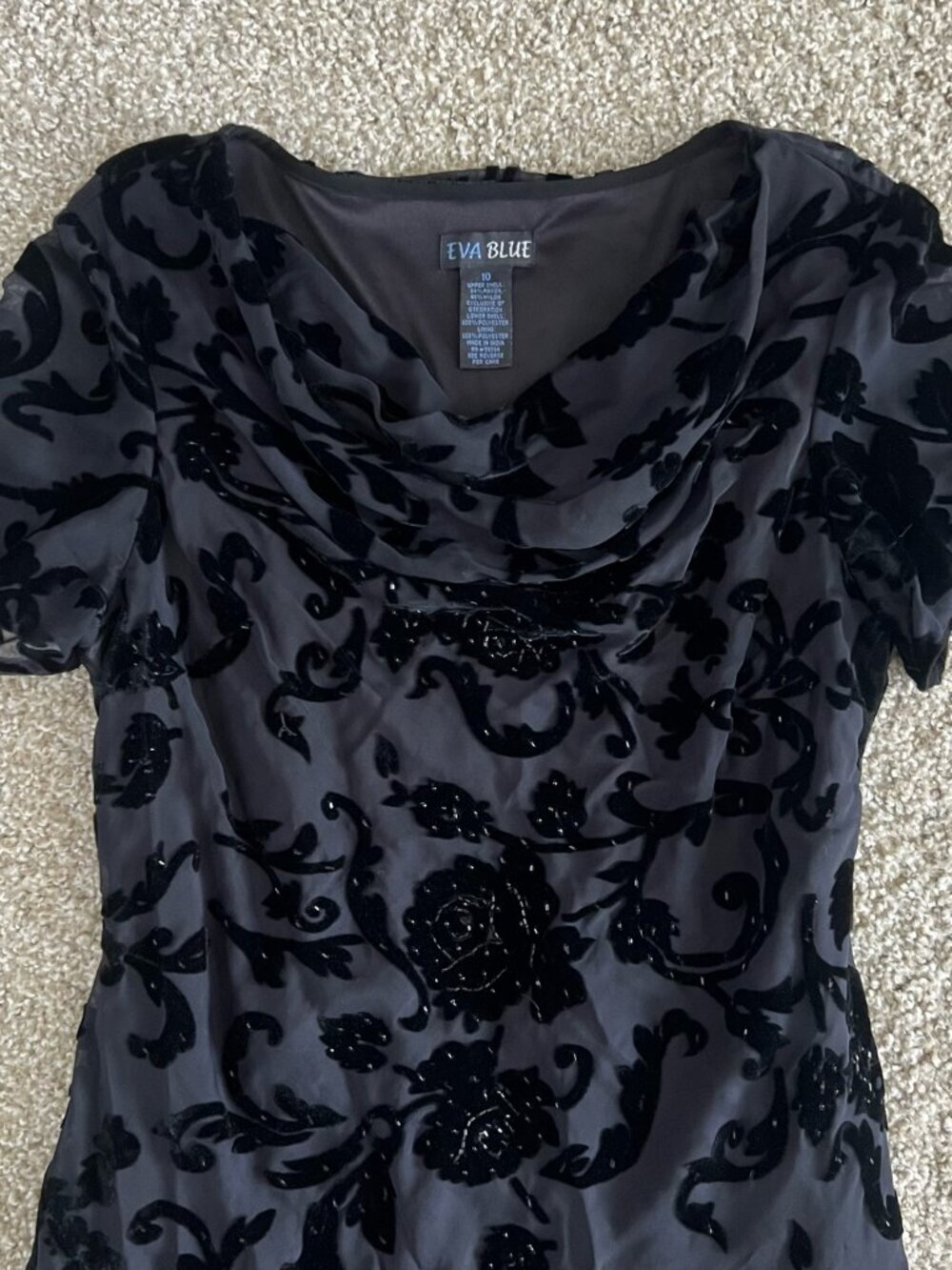 Y2K Beaded Velvet Maxi Dress Black Cowl Neck Whimsigoth Formal Eva Blue Size 10 - Picture 3 of 5